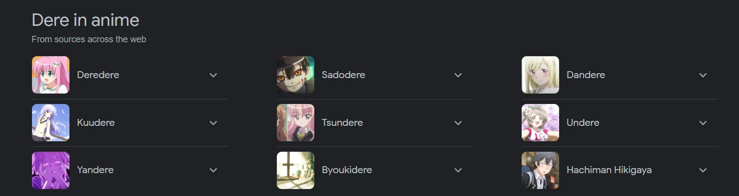 Dere types search results